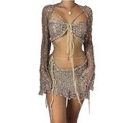 Women's Skirt Suits Long Sleeve Winter Autumn Going Out Crochet Womens Co Ord Knitted Y2k Womens Two Piece Outfits Sequin Dress Halter Crop Beaded Skirt and Top Sets