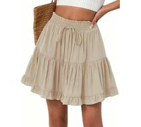Womens Skirts Elastic Waistline Ruffle Skirts Boho Beach Swing Short Pleated Skirt Apricot M