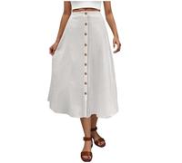Women's Skirts Elasticated Waist Summer Lightweight Midi Skirt with Front Buttons Loose Fit Ladies Swing A Line Maxi Skirts Plus Size Casual Sun Skirt Party Club Wedding Wear White