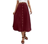 Women's Skirts Elasticated Waist Summer Lightweight Midi Skirt with Front Buttons Loose Fit Ladies Swing A Line Maxi Skirts Plus Size Casual Sun Skirt Party Club Wedding Wear Wine