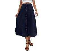 Women's Skirts Elasticated Waist Summer Lightweight Midi Skirt with Front Buttons Loose Fit Ladies Swing A Line Maxi Skirts Plus Size Casual Sun Skirt Party Club Wedding Wear Dark Blue