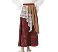 Womens Skirts - Japanese Mori Female Retro Skirt Irregular Heavy Plaid Lace Splicing Half Skirt High Waist Long Skirt (Red One Size)