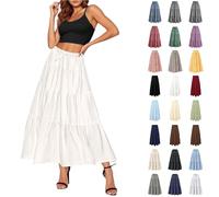 women's skirts knee length Long Skirts for Women UK Summer Elasticated Waist A-Line Pleated Maxi Skirt Casual Loose Fit Flowy Hem Gypsy Ladies Boho Holiday Beach Skirt boho a line for women White