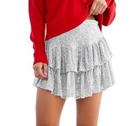 Women's Skirts Mini Skirt Sequined Pile Pleated Mini Skirt Solid Color Sparkle for New Year’s Eve Party or Cocktail Hour Silver