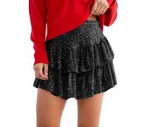 Women's Skirts Mini Skirt Sequined Pile Pleated Mini Skirt Solid Color Sparkle for New Year’s Eve Party or Cocktail Hour Black
