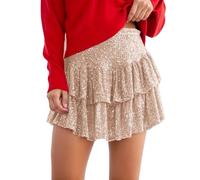 Women's Skirts Mini Skirt Sequined Pile Pleated Mini Skirt Solid Color Sparkle for New Year’s Eve Party or Cocktail Hour Beige