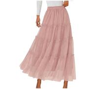 Womens Skirts Stretch Solid Color Elegant A-Line Skirt High Waist Ruffle Tulle Layered Skirts Festival Outfits Clothing Casual Pleated Maxi Skirt for Beach Party