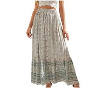 Women's Skirts Summer Boho Midi Skirt Elastic High Waist Skirt Vintage Gypsy Button Front Split Casual Swing A Line Floral Print Dress Bohemian Drawstring Elegant