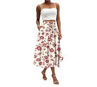 Women's Skirts UK, Women's Flowy Elastic High Waist Skirts Summer Boho Floral Pattern Print Casual A Line Midi Skirt with Pockets for Beach Holiday Travel Teacher Gifts,Watermelon Red,XXL,u58k