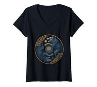 Womens Skoll and Hati Yin Yang Sun and Moon Norse Viking Rune V-Neck T-Shirt