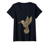 Women's Skull Alebrije Hummingbird Mexican Folk Mexico V-Neck T-Shirt