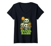 Womens Skull Bash Skeleton Party V-Neck T-Shirt