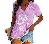 Women's Skull Diamante Rhinestones Design Baggy T Shirt Tops Punk Rock Fashion Short Sleeve Tee Shirts Pullover Purple