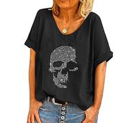 Women's Skull Diamante Rhinestones Design Baggy T Shirt Tops Punk Rock Fashion Sleeveless T-Shirts Black