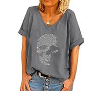 Women's Skull Diamante Rhinestones Design Baggy T Shirt Tops Punk Rock Fashion Sleeveless T-Shirts Gray
