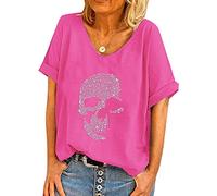 Women's Skull Diamante Rhinestones Design Baggy T Shirt Tops Punk Rock Fashion Sleeveless T-Shirts Rose Red