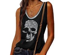 Women's Skull Diamante Rhinestones Design Tank Top Punk Rock Fashion Sleeveless T-Shirts Black