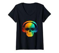 Women's Skull DJ disc Jockey V-Neck T-Shirt