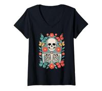 Womens Skull Flowers and Butterflies Harmony V-Neck T-Shirt