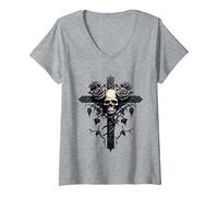 Women's Skull Gothic Roses Cross Rose Vines Aesthetic Goth V-Neck T-Shirt, Heather Grey, Small