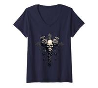 Women's Skull Gothic Roses Cross Rose Vines Aesthetic Goth V-Neck T-Shirt, Navy Blue, XX-Large