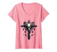 Women's Skull Gothic Roses Cross Rose Vines Aesthetic Goth V-Neck T-Shirt, Pink, Small