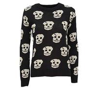Womens Skull Head Print Knitted Jumper Ladies Long Sleeve Crew Neck Sweater Winter Top Black with Stone Skull UK 16-18