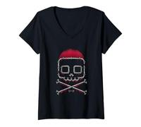 Womens Skull Made of Pipes with Dripping Sun V-Neck T-Shirt