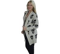 Womens Skull Printed Jumper Long Sleeves Knitted Cardigan, Ladies Soft & Cosy Winter Ribbed Edge Trim Warm Chunky Knit Skeleton Open Front Halloween Top UK Plus Size S-XXL, Stone-XXL
