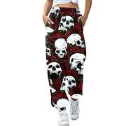 Womens Skull Printed Sweatpants Baggy Wide Leg Joggers for Women UK Fashion Casual Retro Sports Trousers Tracksuit Elastic Waisted Slacks Loose Sportswear Gothic Style Longewear Outdoor Red