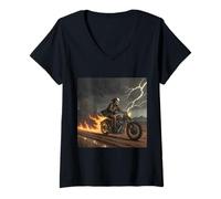Womens Skull Rider in Storm with Trails of Fire V-Neck T-Shirt
