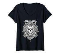 Womens Skull Snake and Roses Gothic Vintage Design Flowers V-Neck T-Shirt