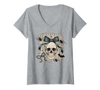 Womens Skull with Bow Halloween Shirt Cute Spooky Spider Bat Style V-Neck T-Shirt