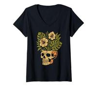 Womens Skull with Hibiscus Flowers Botanical Tropical Aesthetic V-Neck T-Shirt