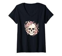 Women's Skull with Pink Roses and Crystals Pastel Goth Art V-Neck T-Shirt