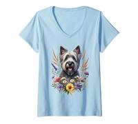 Womens Skye Terrier Dog Summer Wildflowers Artwork V-Neck T-Shirt