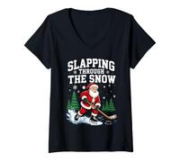 Women's Slapping Through The Snow Santa Ice Hockey V-Neck T-Shirt