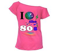 Womens Slash Neck I Love The 80s T Shirt Off Shouder Style Top Ladies Pop Festival Cap Sleeve Retro Basic Shirt (Disco Pink UK 8-10)