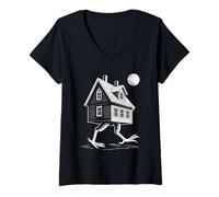Womens Slavic Folklore Baba Yaga Walking House On Chicken Legs V-Neck T-Shirt