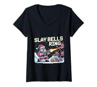 Womens Slay Bells Ring Gamer Christmas Funny Pixel Santa Video Game V-Neck T-Shirt