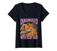 Womens Slay-dhd Funny ADHD Capybara Meme Bootleg Y2K Graphic V-Neck T-Shirt