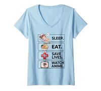Womens Sleep Eat Save Lives Watch Anime Cute Nurse Life Graphic V-Neck T-Shirt