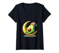 Womens Sleeping Avocado in Pajamas on a Crescent Moon V-Neck T-Shirt