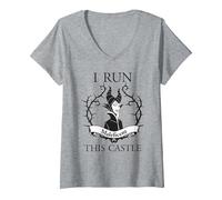 Women's Sleeping Beauty Maleficent I Run This Castle V-Neck T-Shirt, Heather Grey, Medium