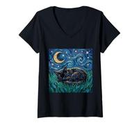 Women's Sleeping Black Cat Whimsical Starry Night Artwork V-Neck T-Shirt