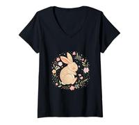 Womens Sleeping Bunny in Floral Meadow Design V-Neck T-Shirt