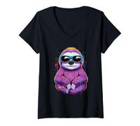 Womens Sleeping Cap Lazy Chilling Relaxing Sloth V-Neck T-Shirt