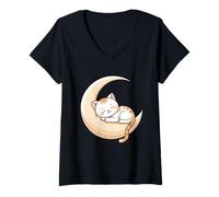 Women's Sleeping Cat on Crescent Moon - Calm Night Animal Art V-Neck T-Shirt