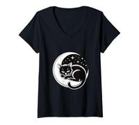 Womens Sleeping Cat on Crescent Moon with Stars for Pet Lovers V-Neck T-Shirt