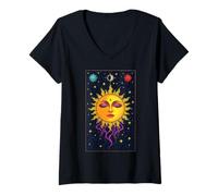 Womens Sleeping Celestial Sun Face Moon Mystical Stars V-Neck T-Shirt